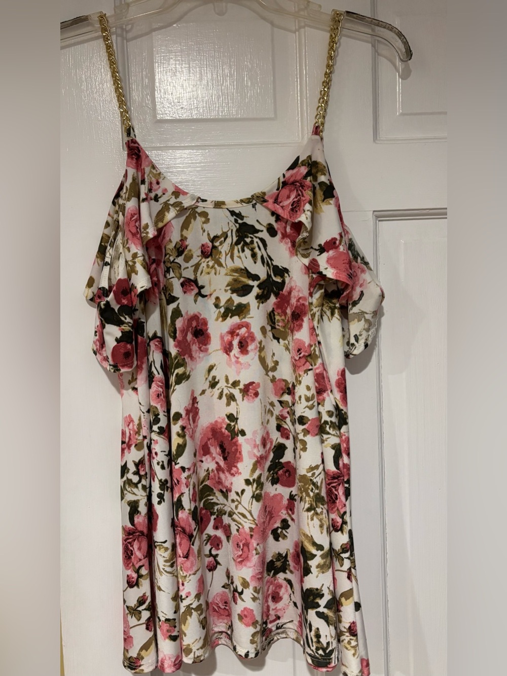 First Love White Floral Cold-Shoulder Camisole with Gold Chain Straps XL